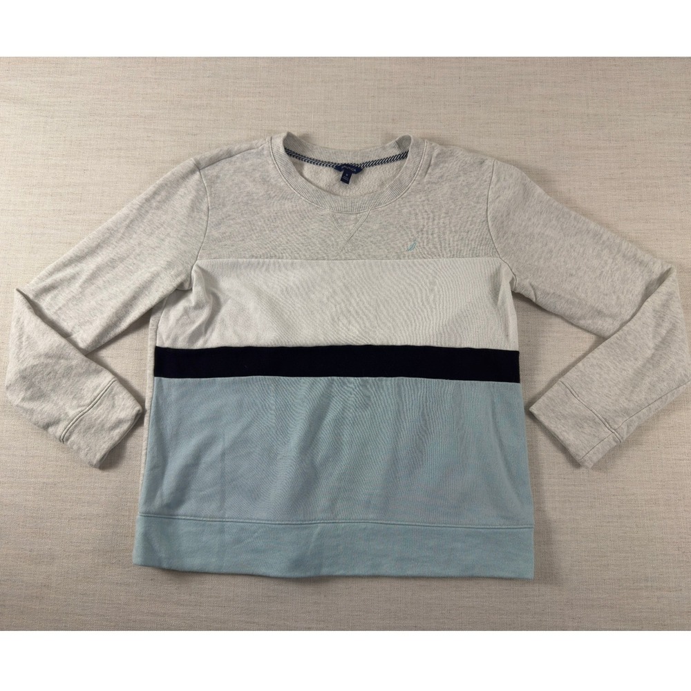 Nautica Mens Colorblock Crew Neck Sweatshirt Grey Blue White Size M